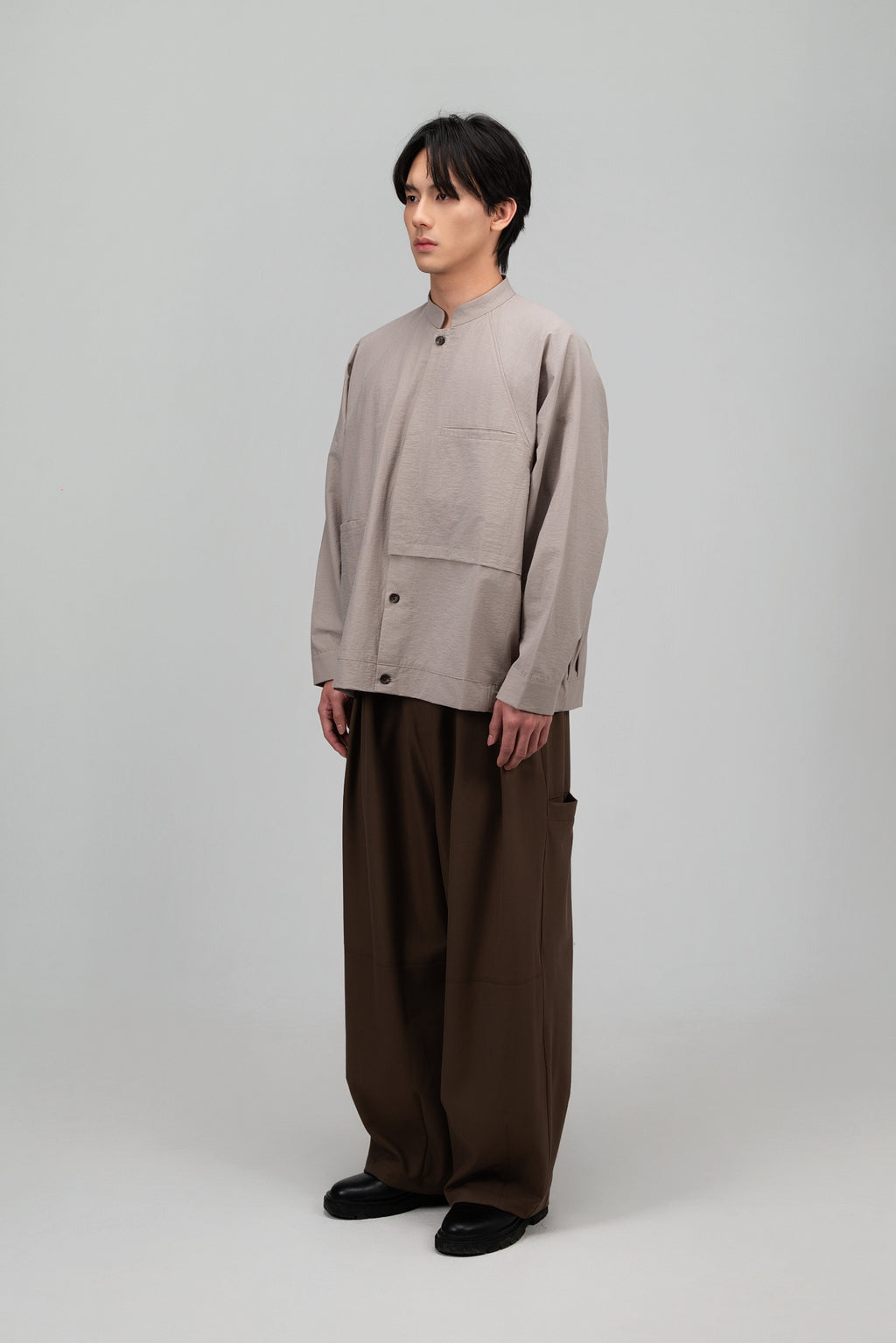 Gender Neutral Mandarin Collar Outer Blouse (Oat Grey)