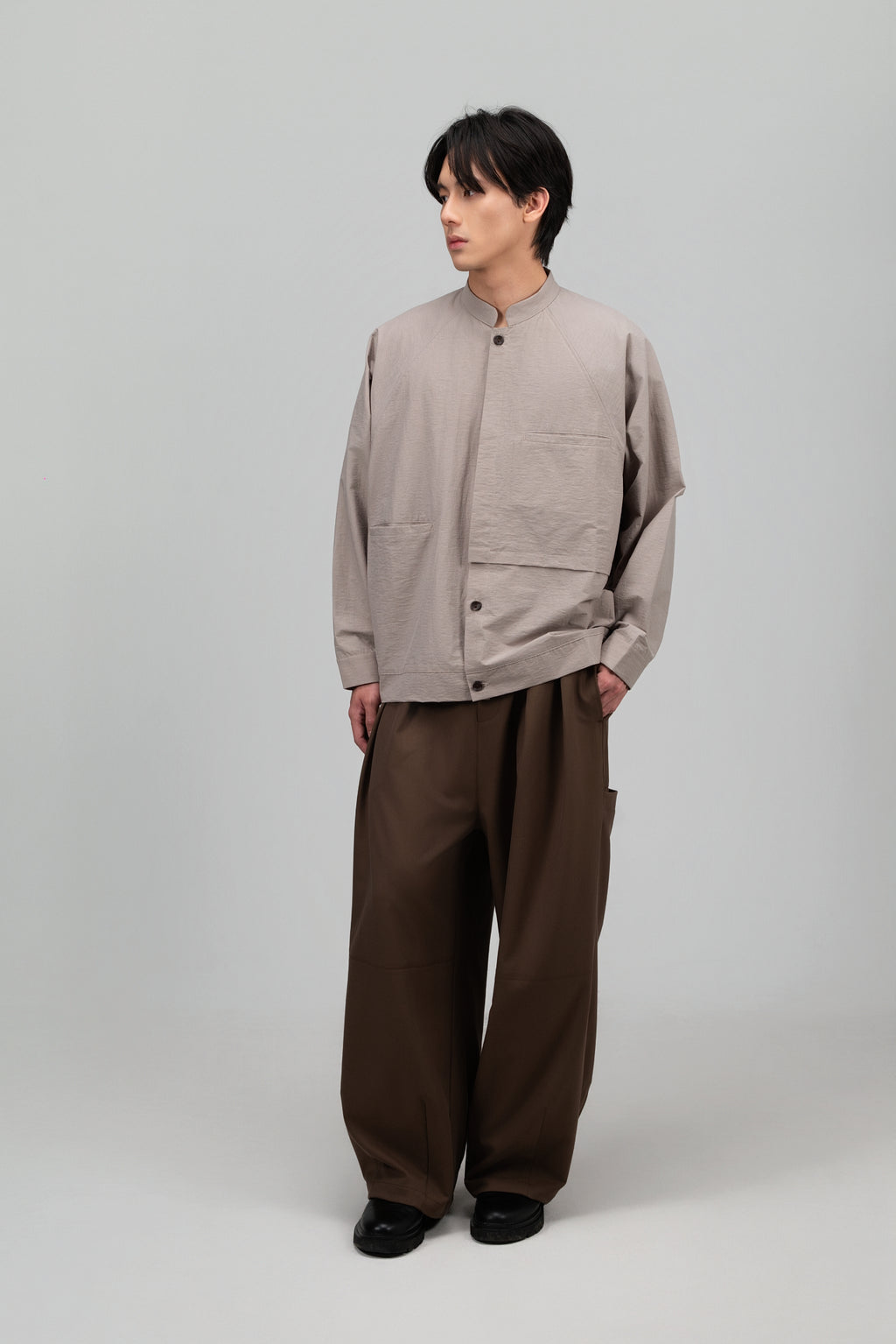 Gender Neutral Mandarin Collar Outer Blouse (Oat Grey)