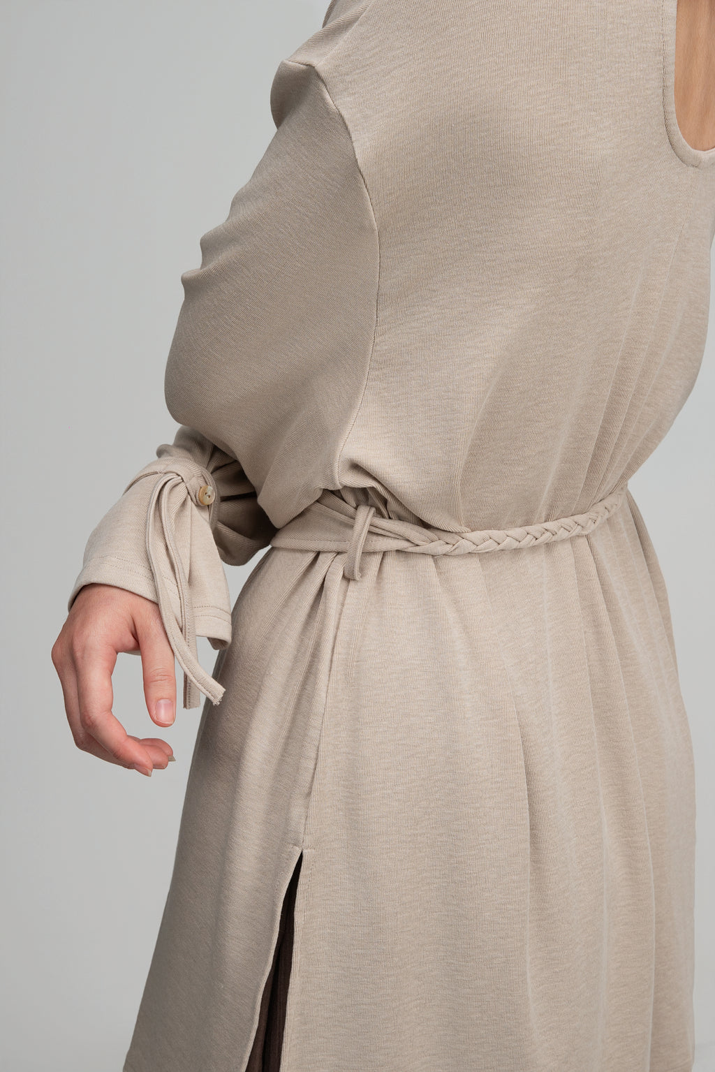 Snow Knit Braided Waist Drape Long Sleeve Top (Oat)