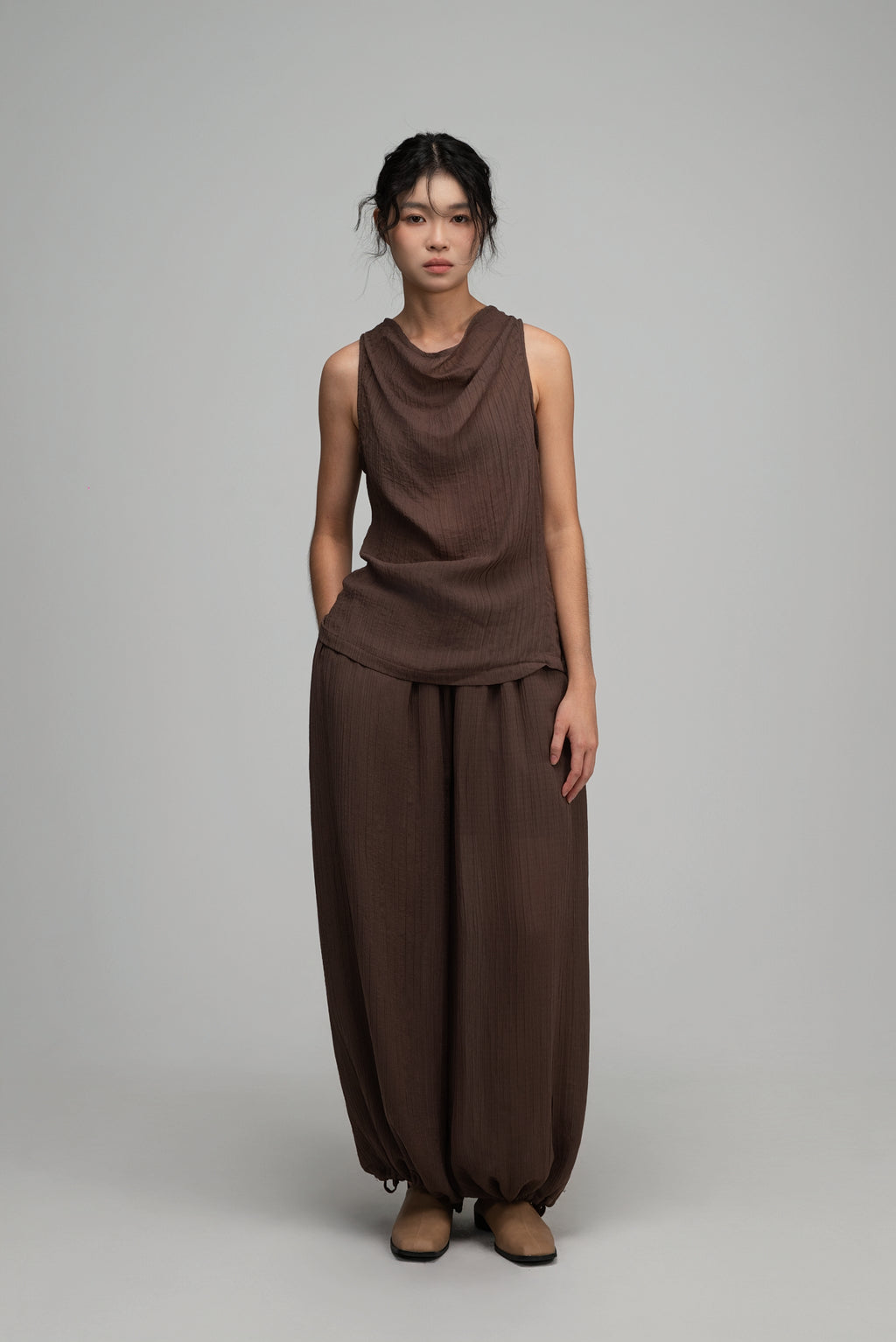 Soft Drape Neck Tank Top (Brown)