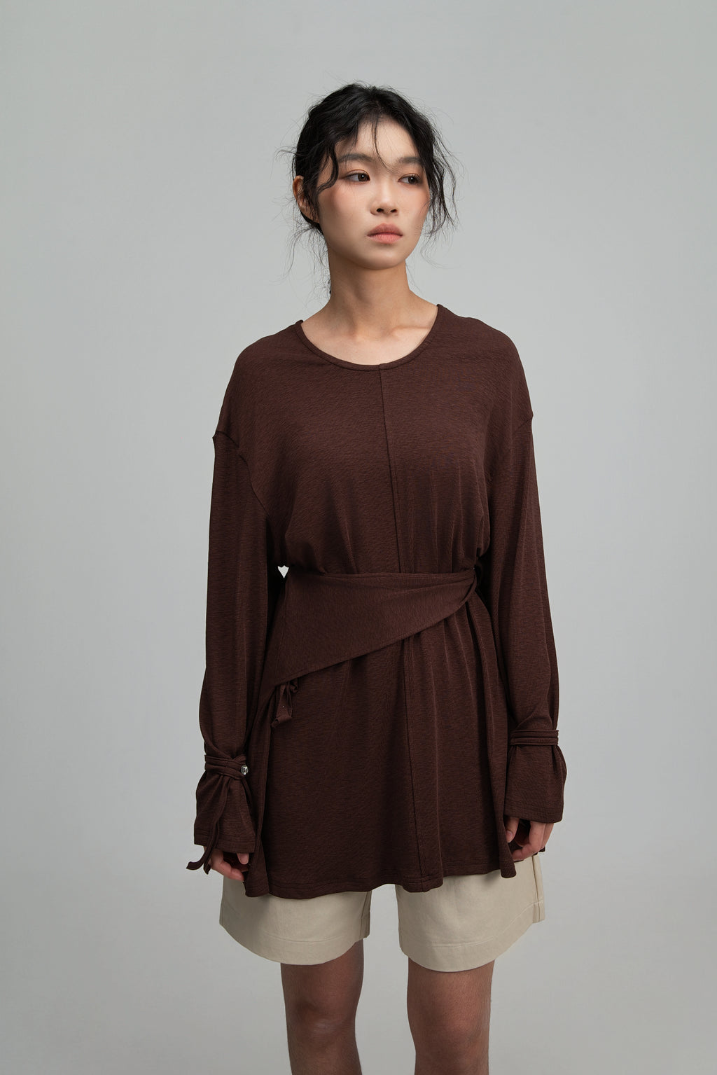 Snow Knit Braided Waist Drape Long Sleeve Top (Brown)