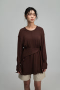 Snow Knit Braided Waist Drape Long Sleeve Top (Brown)