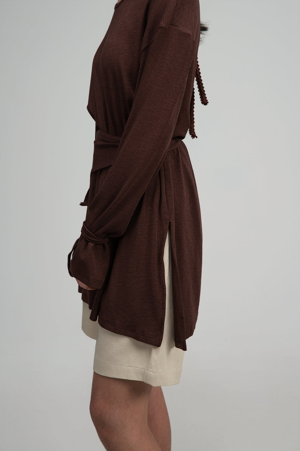 Snow Knit Braided Waist Drape Long Sleeve Top (Brown)