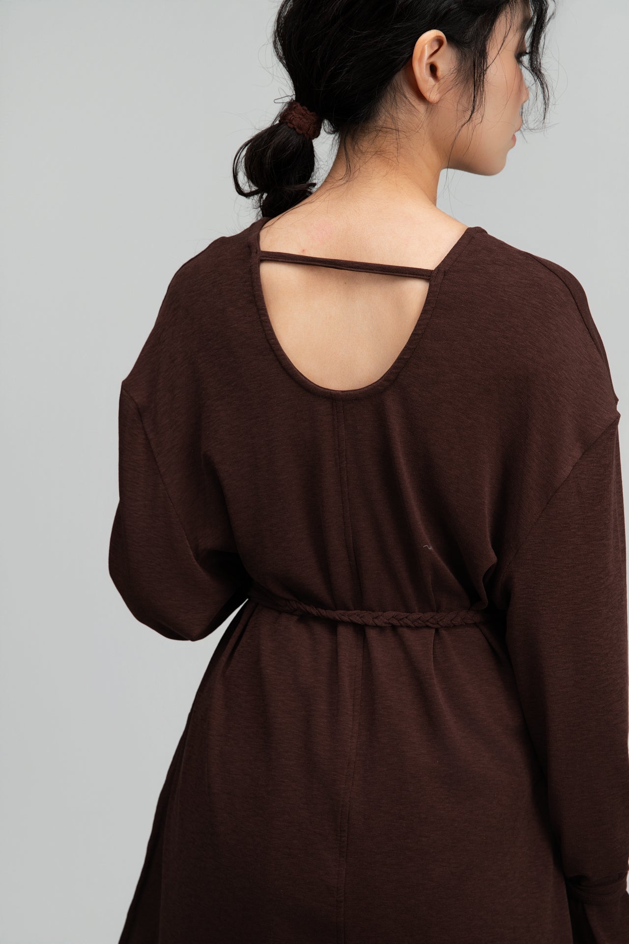 Snow Knit Braided Waist Drape Long Sleeve Top (Brown)