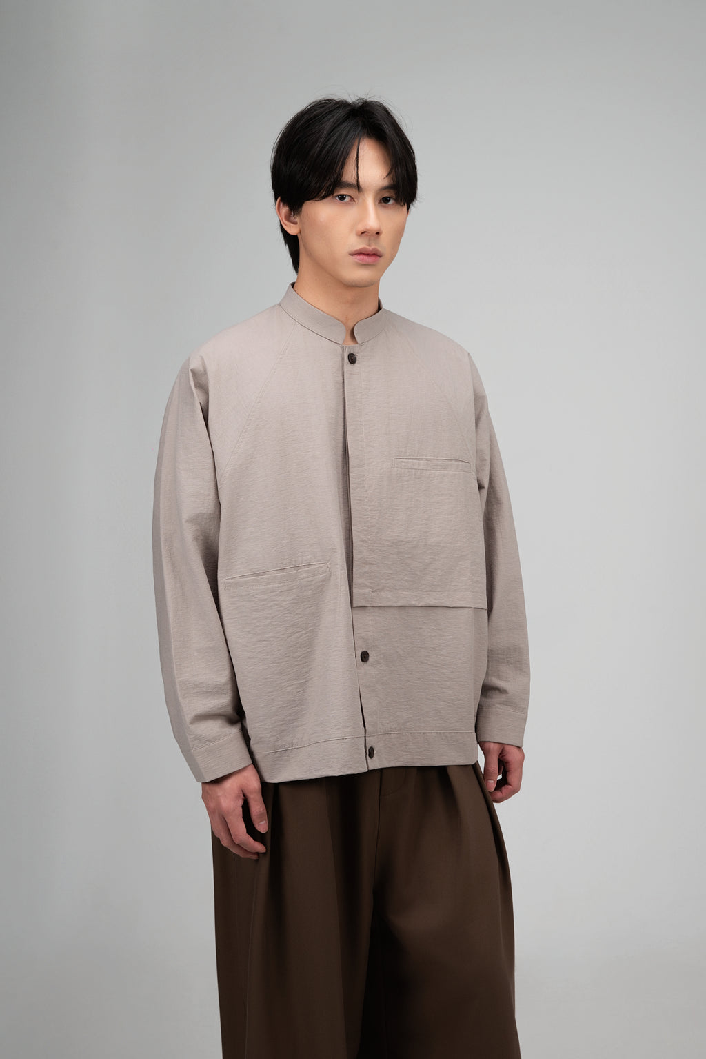 Gender Neutral Mandarin Collar Outer Blouse (Oat Grey)