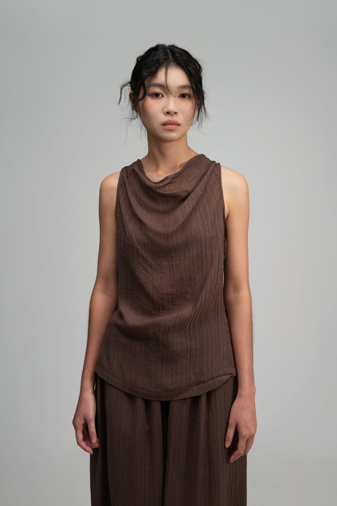 Soft Drape Neck Tank Top (Brown)