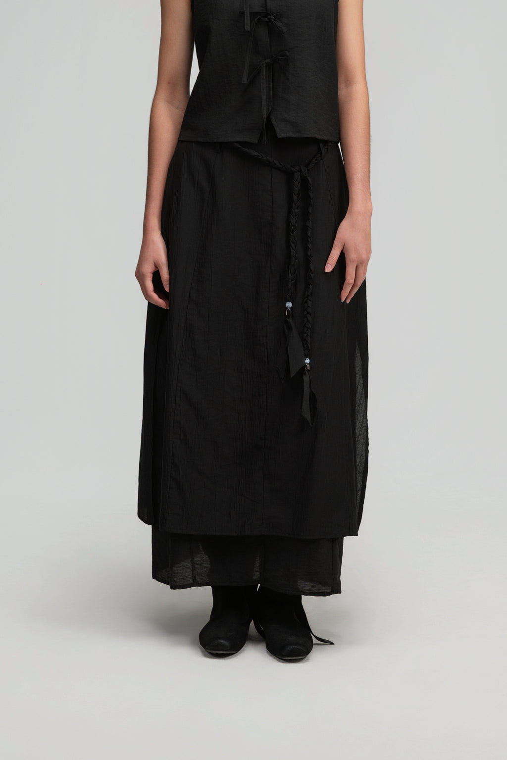 Dual-Layer Skirt w/ Braided Belt (Black)