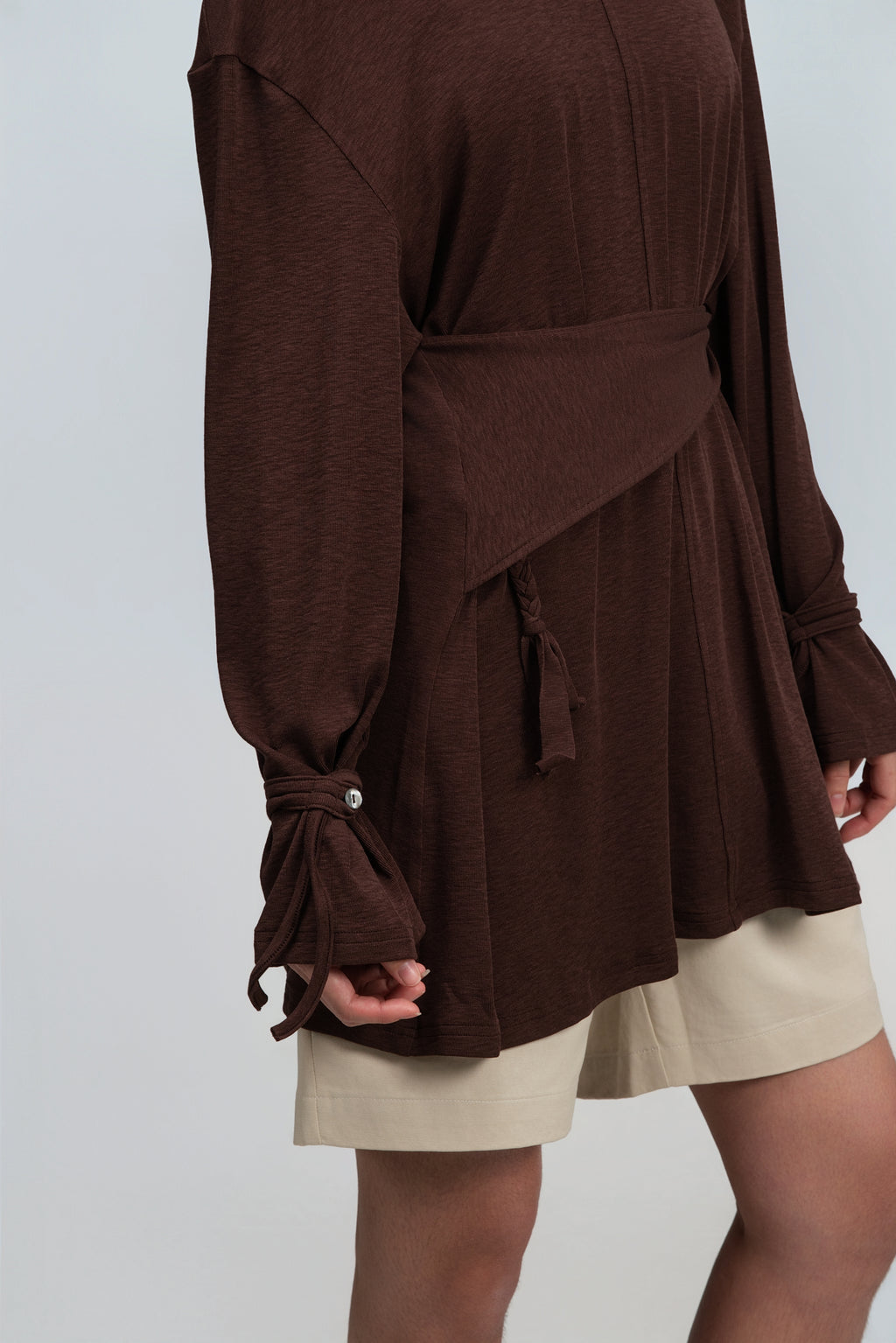 Snow Knit Braided Waist Drape Long Sleeve Top (Brown)