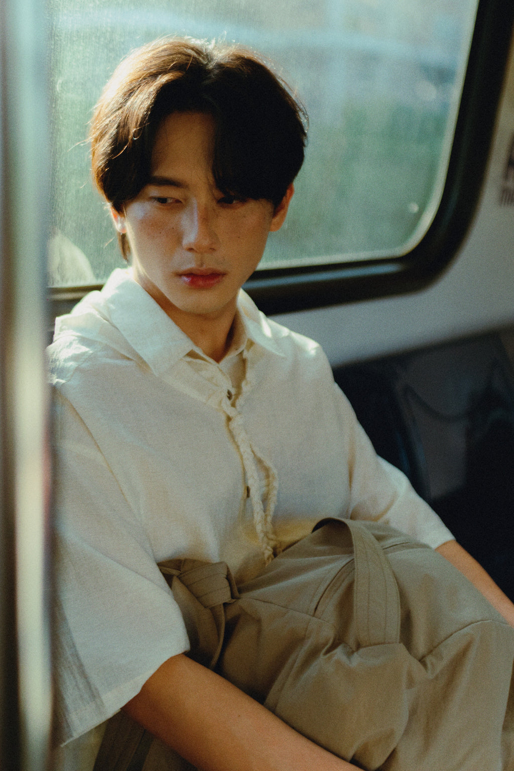 Gender Neutral Modern Mandarin Button Shirt (Beige)