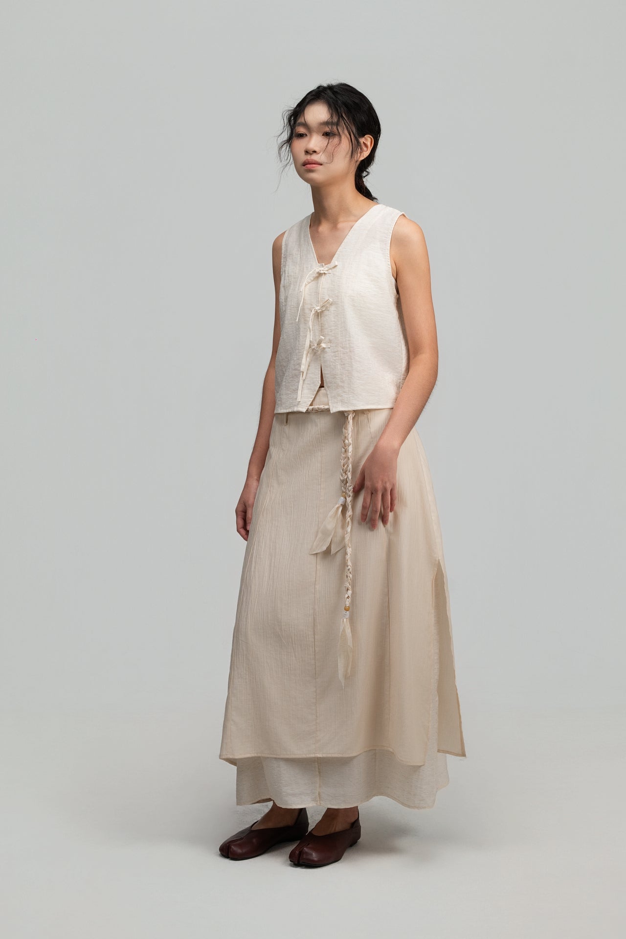 Dual-Layer Skirt w/ Braided Belt (Beige)