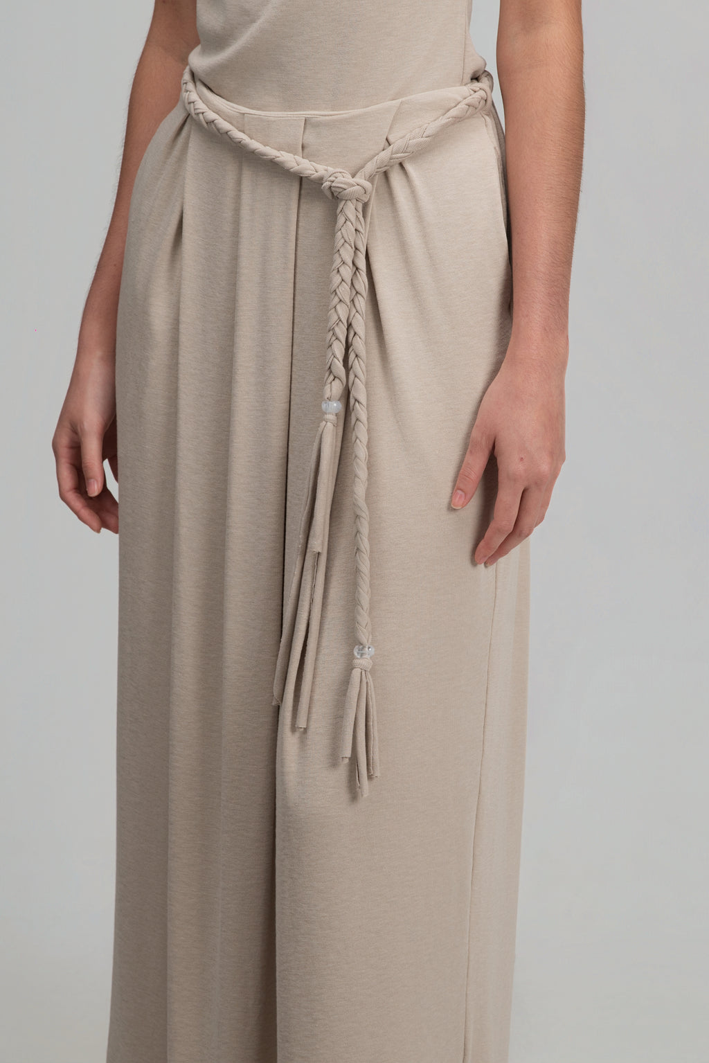 Snow Knit Pleated Cocoon Skirt w/ Braided Belt (Oat)