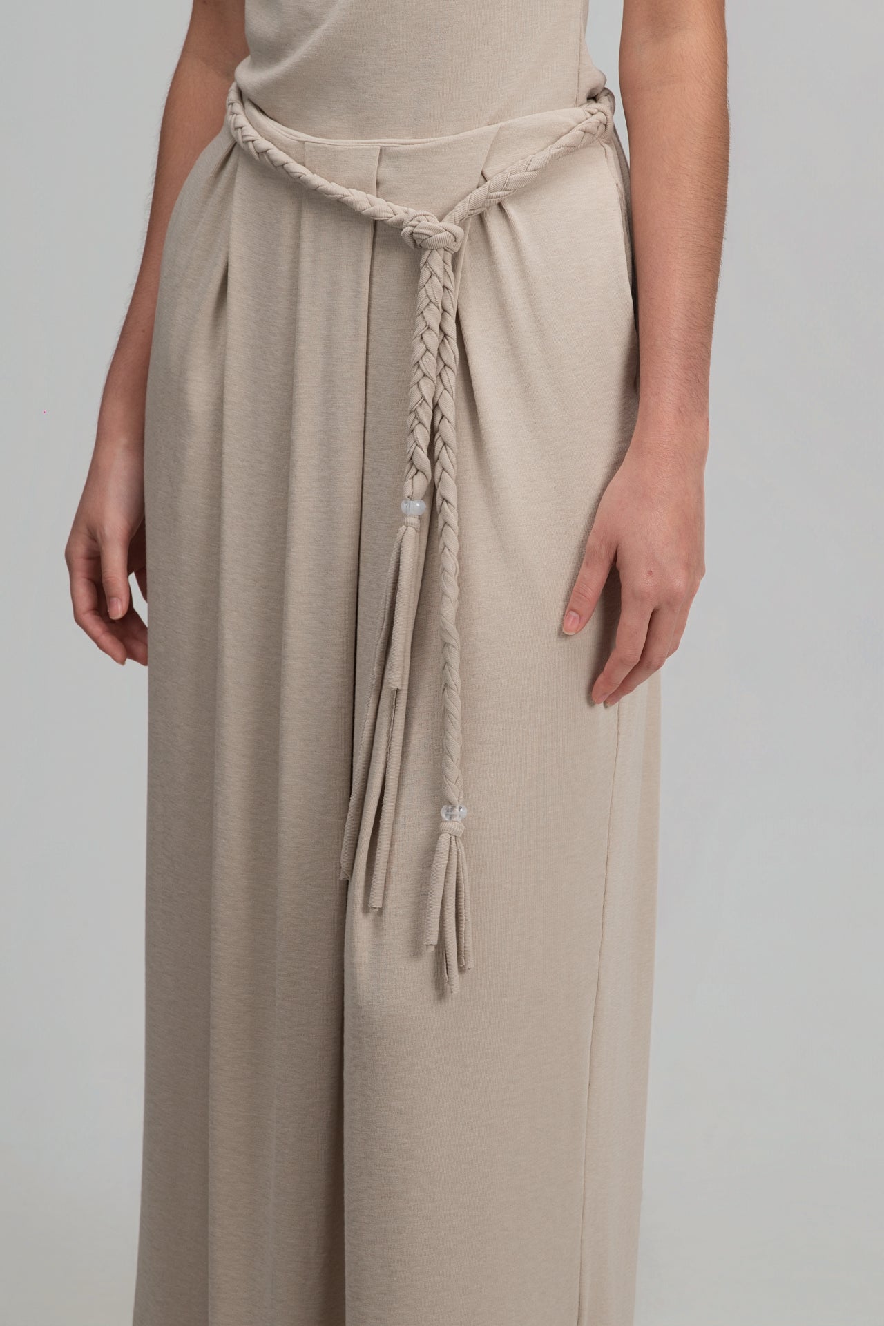 Snow Knit Pleated Cocoon Skirt w/ Braided Belt (Oat)
