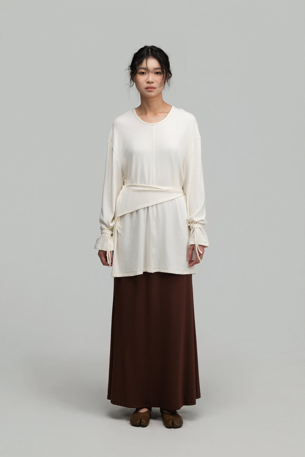 Snow Knit Braided Waist Drape Long Sleeve Top (White)