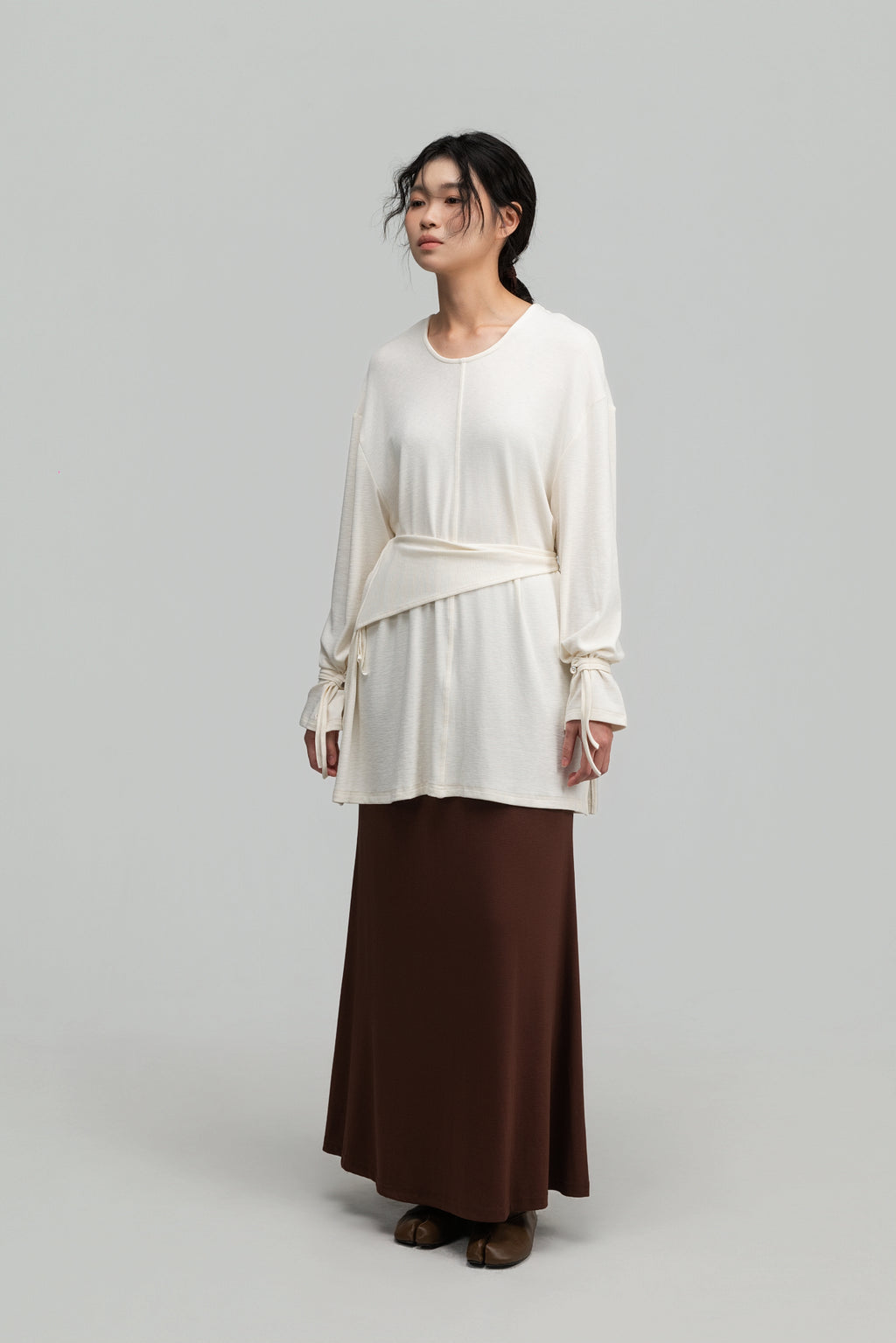 Snow Knit Braided Waist Drape Long Sleeve Top (White)