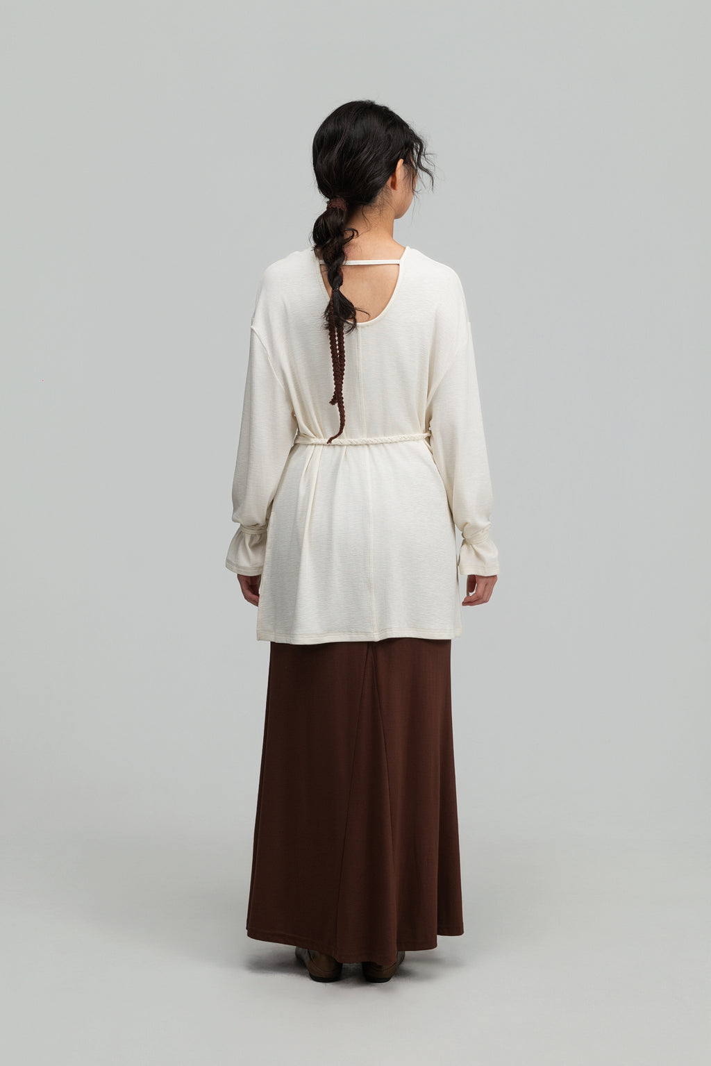 Snow Knit Braided Waist Drape Long Sleeve Top (White)