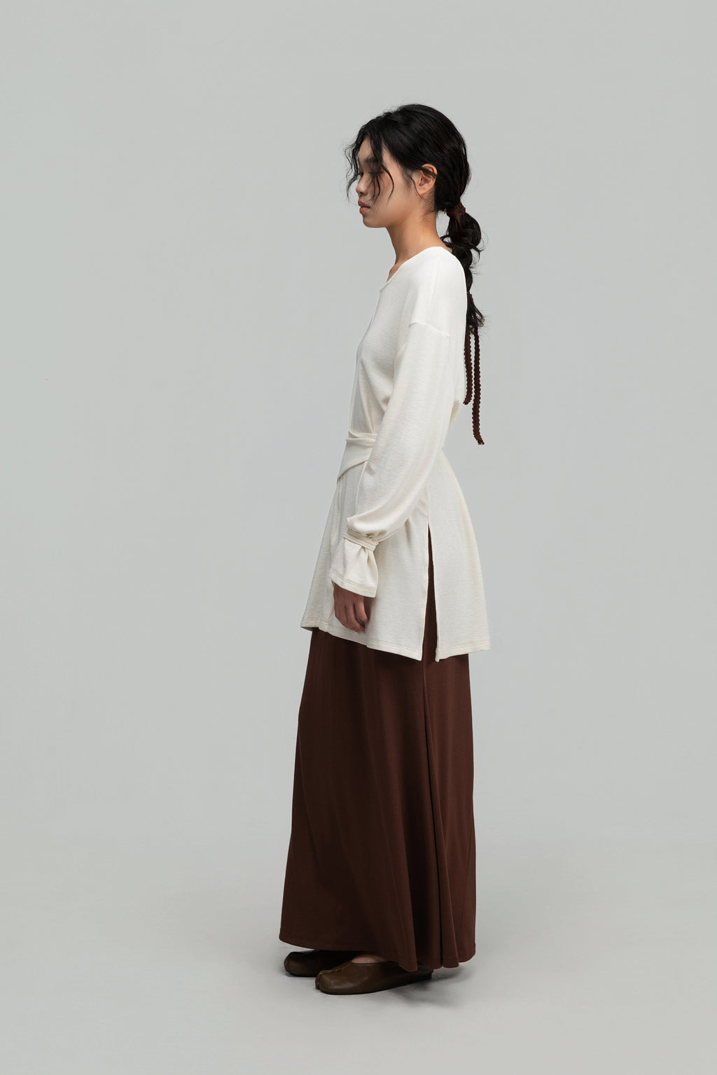 Snow Knit Braided Waist Drape Long Sleeve Top (White)