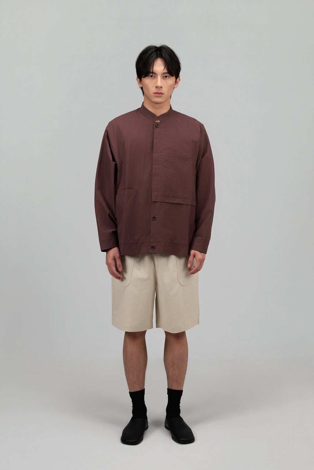 Gender Neutral Mandarin Collar Outer Blouse (Plum Brown)
