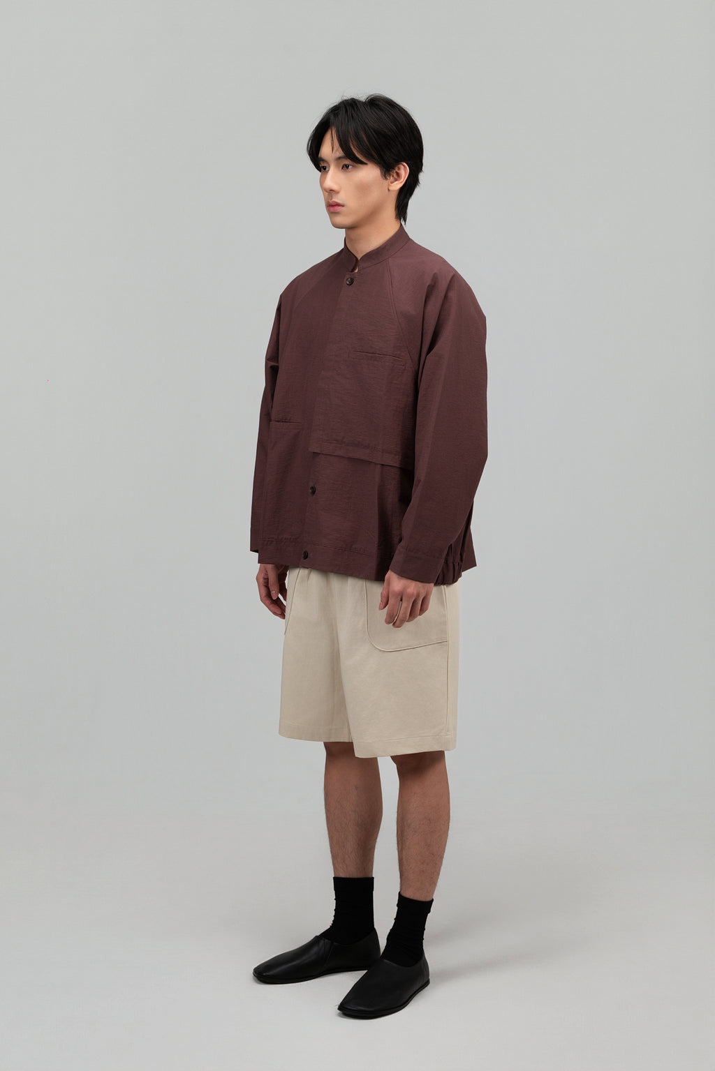 Gender Neutral Mandarin Collar Outer Blouse (Plum Brown)