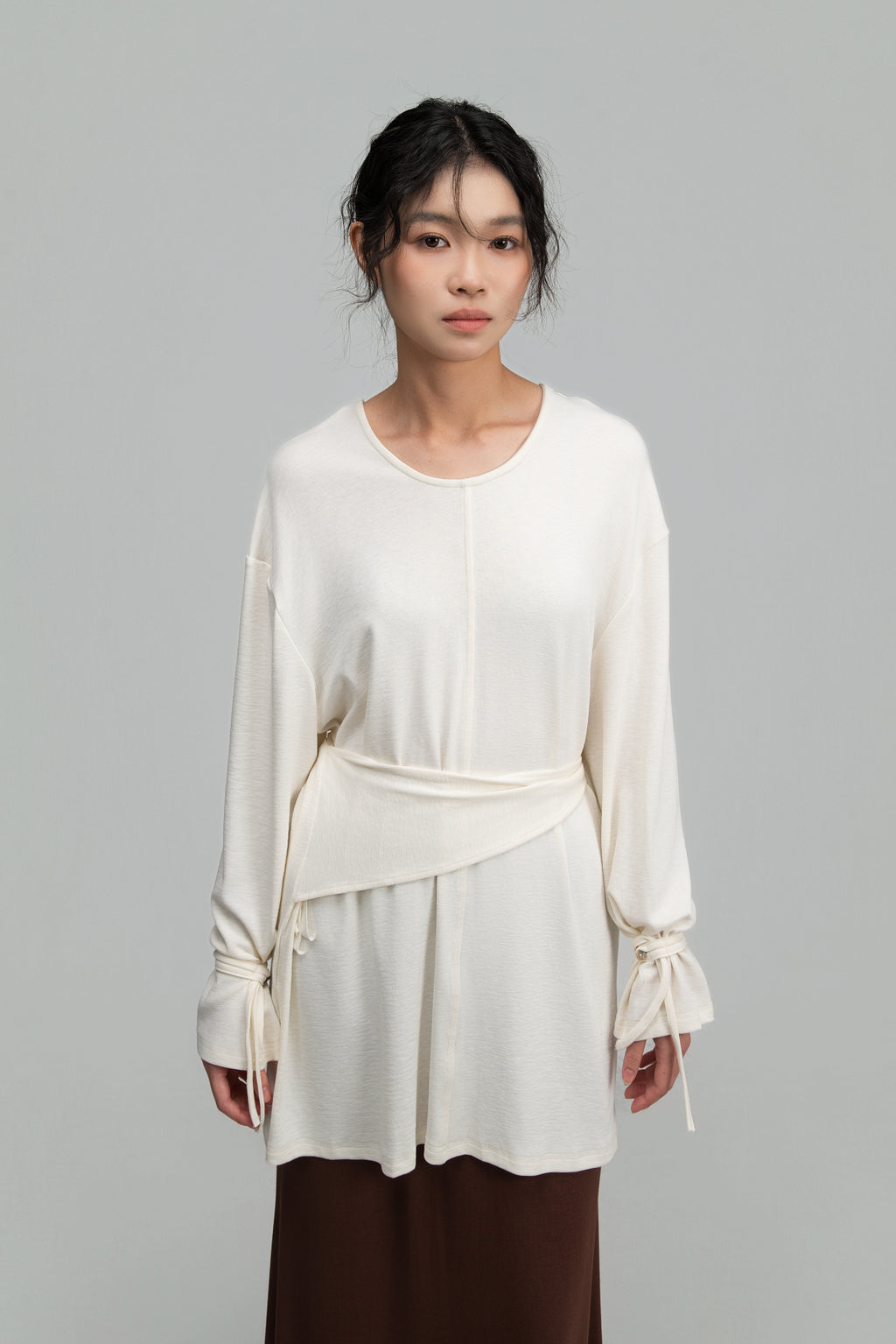 Snow Knit Braided Waist Drape Long Sleeve Top (White)