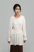 Snow Knit Braided Waist Drape Long Sleeve Top (White)
