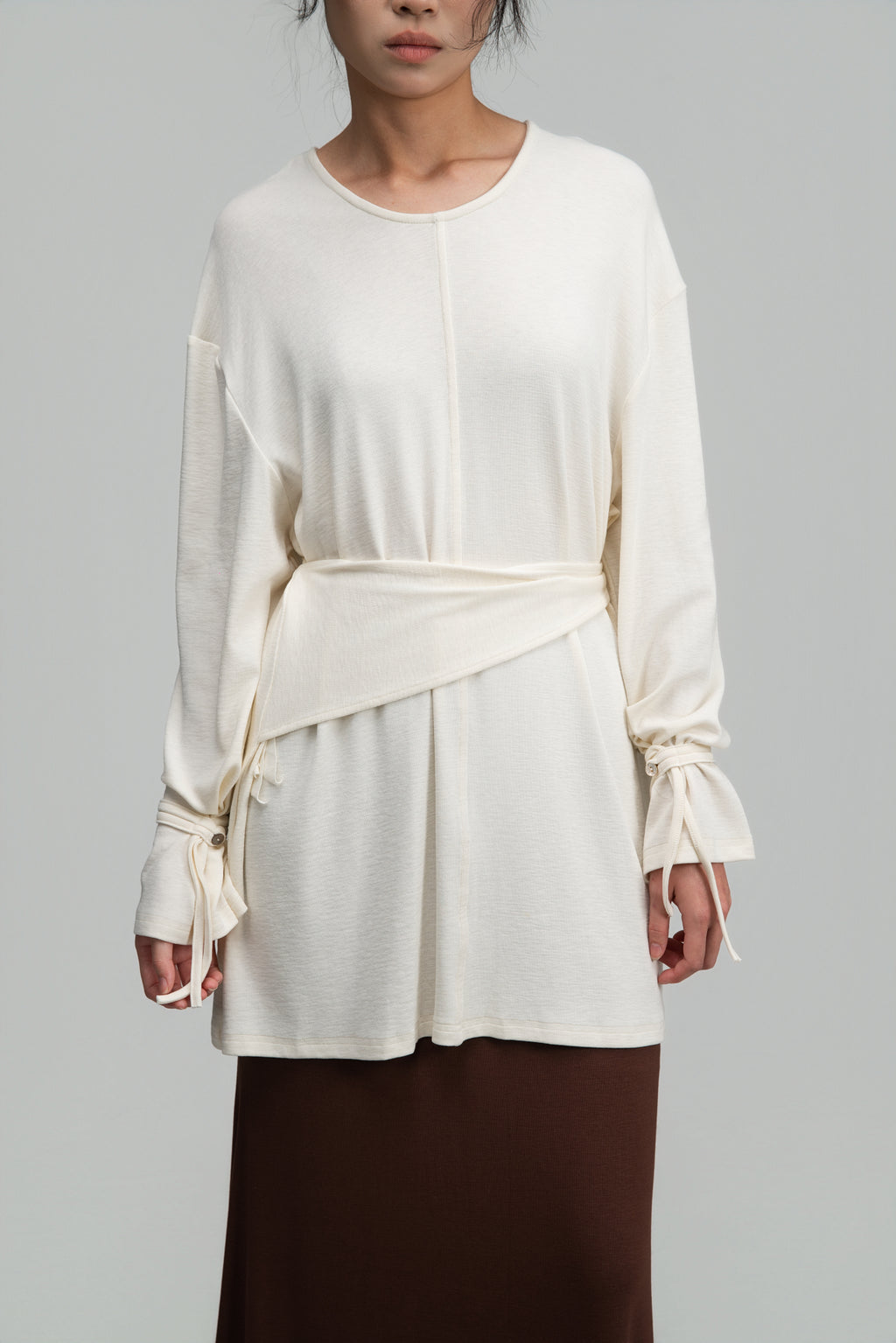 Snow Knit Braided Waist Drape Long Sleeve Top (White)