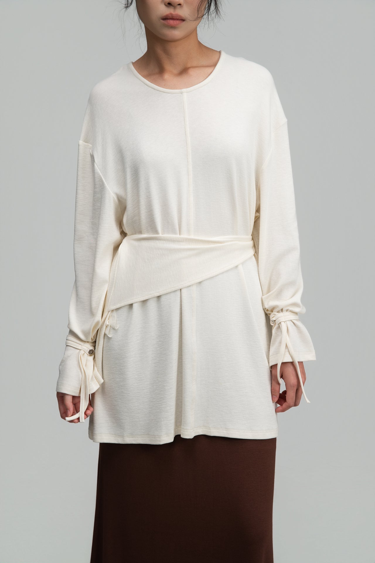 Snow Knit Braided Waist Drape Long Sleeve Top (White)