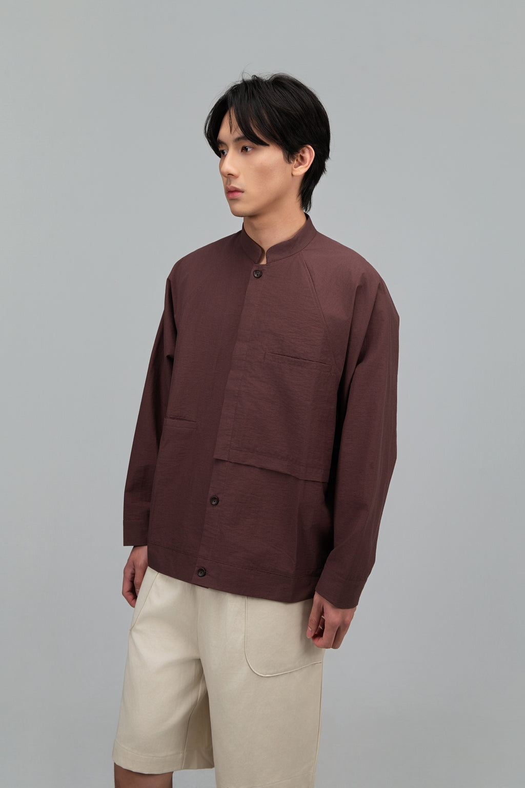 Gender Neutral Mandarin Collar Outer Blouse (Plum Brown)