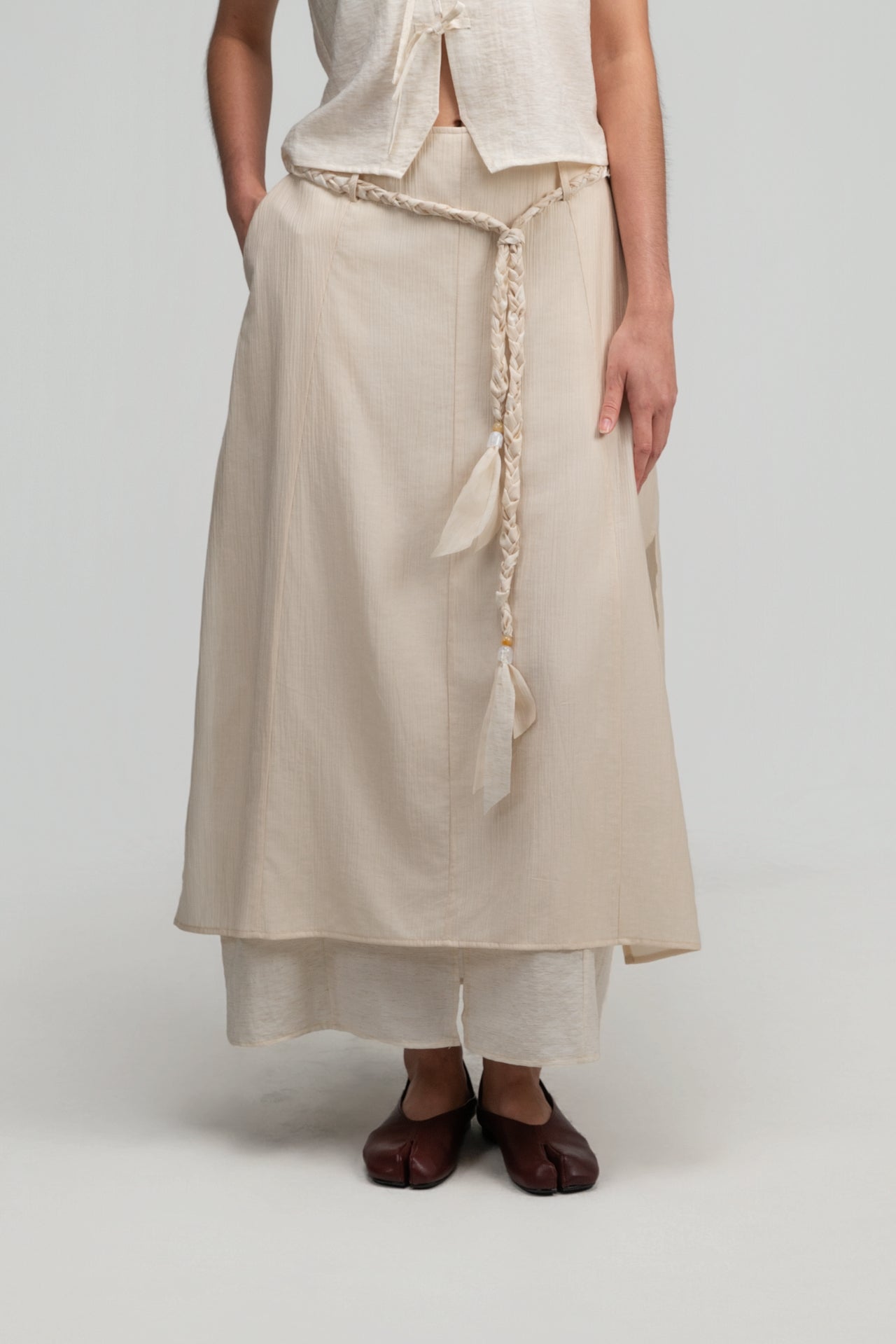 Dual-Layer Skirt w/ Braided Belt (Beige)