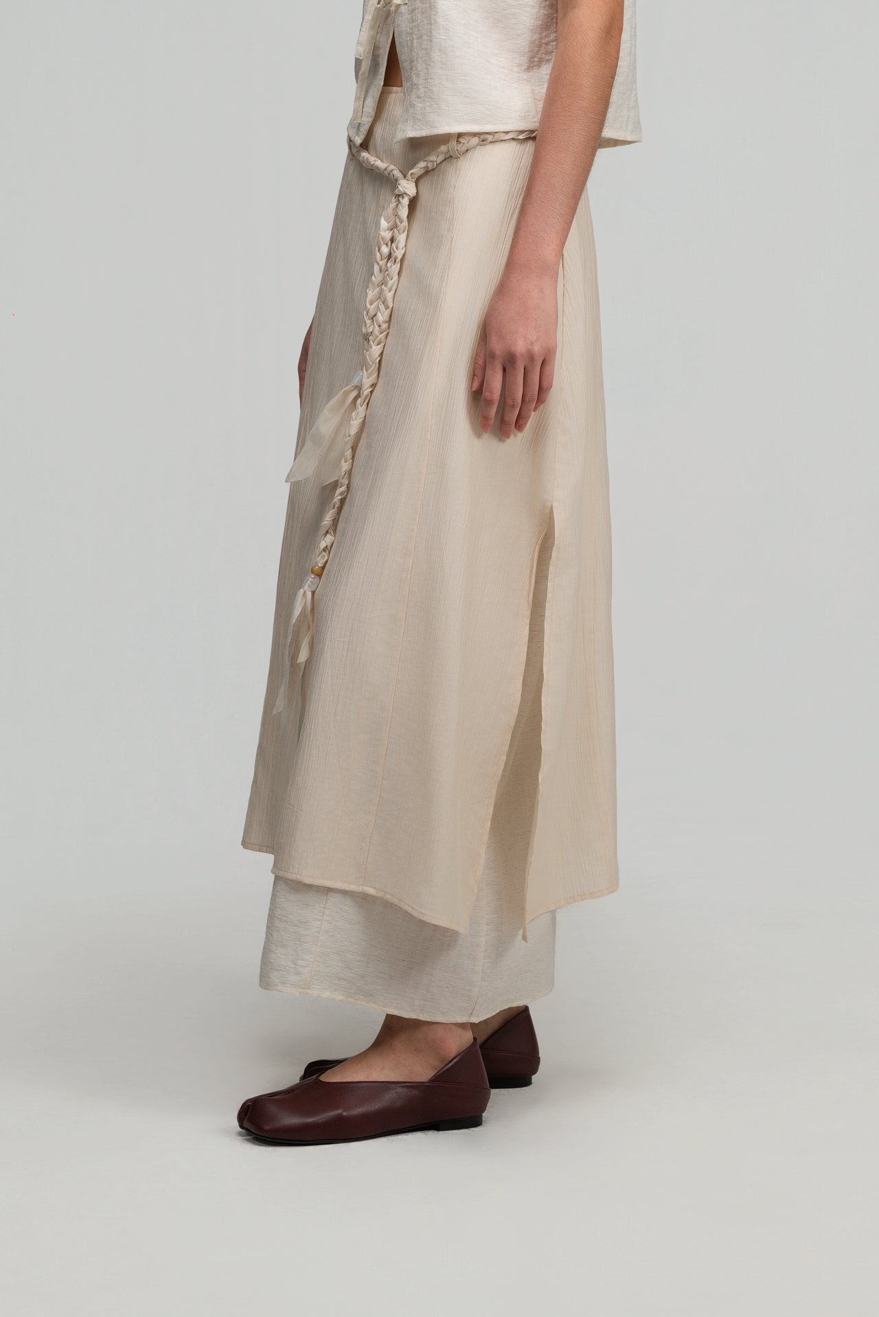 Dual-Layer Skirt w/ Braided Belt (Beige)