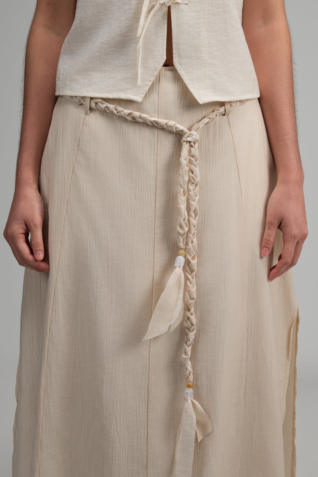 Dual-Layer Skirt w/ Braided Belt (Beige)