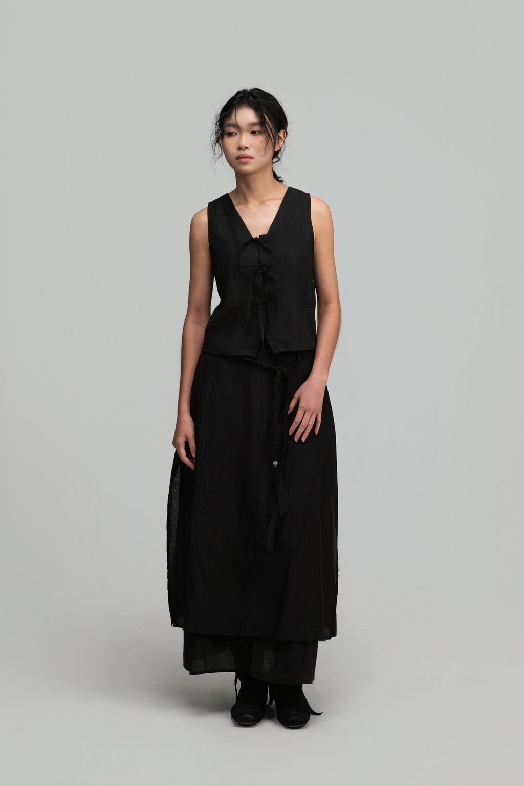 Dual-Layer Skirt w/ Braided Belt (Black)