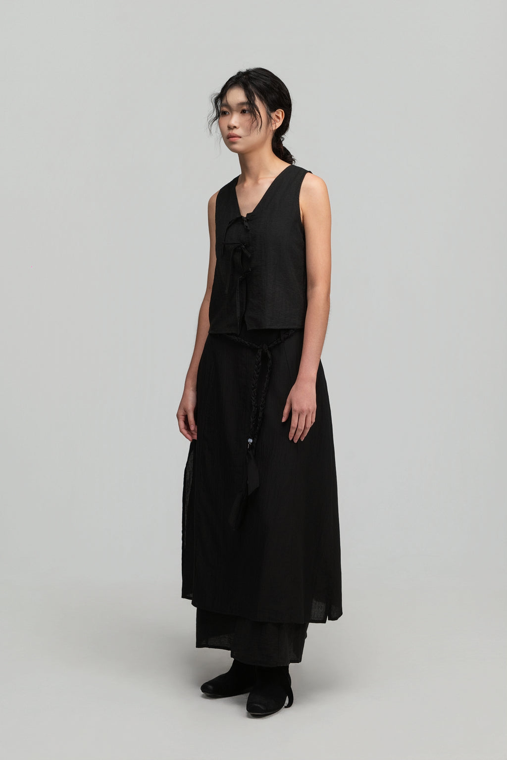 Dual-Layer Skirt w/ Braided Belt (Black)
