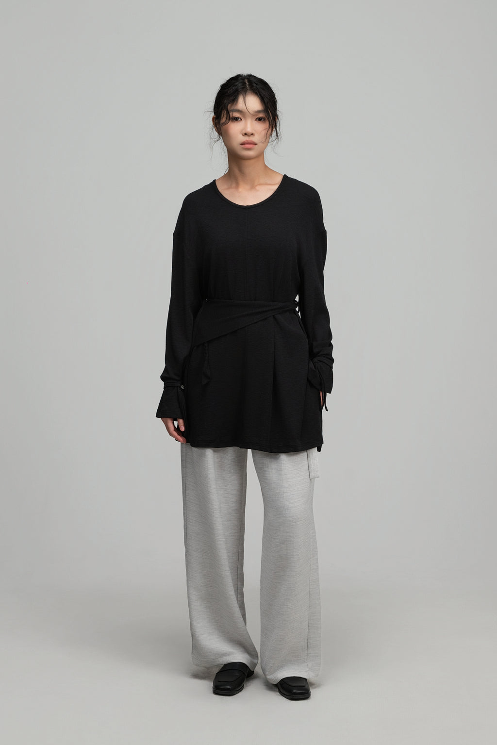 Snow Knit Braided Waist Drape Long Sleeve Top (Black)