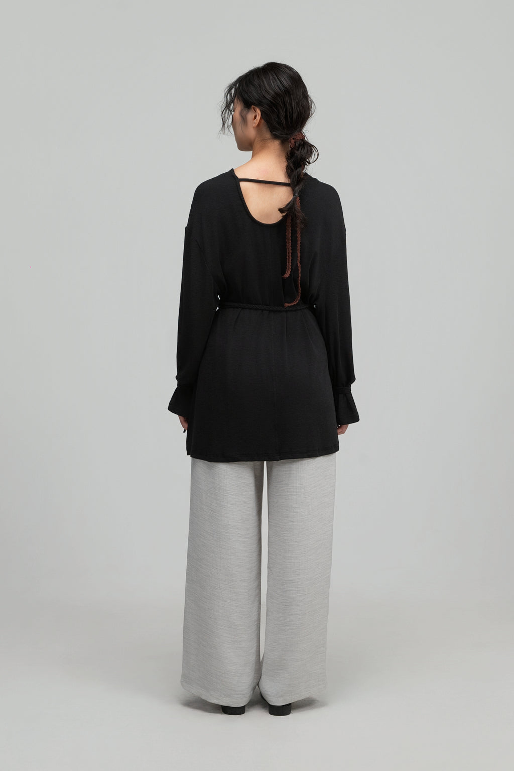 Snow Knit Braided Waist Drape Long Sleeve Top (Black)