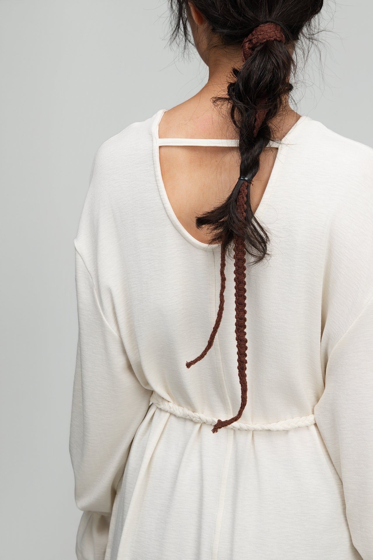 Snow Knit Braided Waist Drape Long Sleeve Top (White)