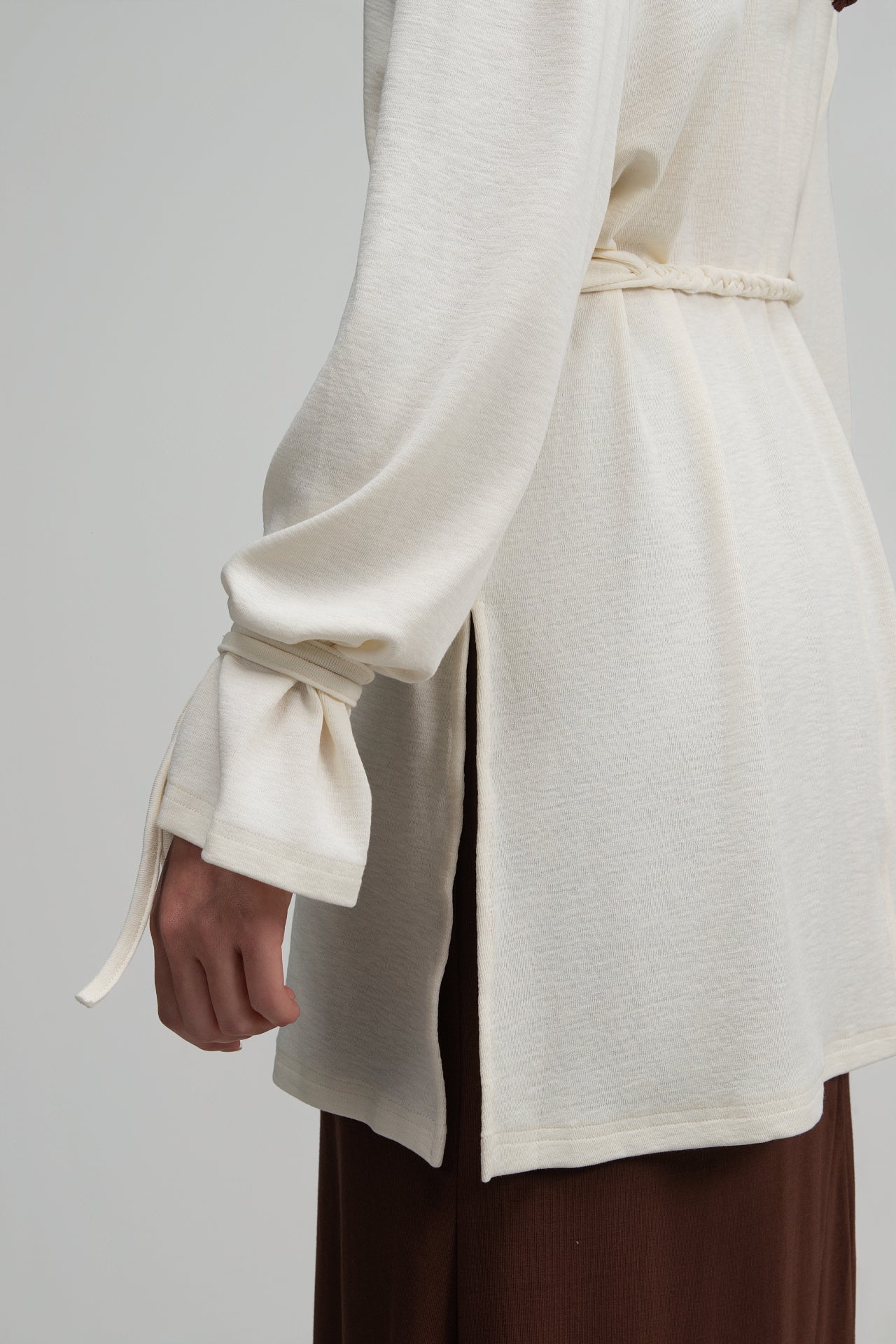 Snow Knit Braided Waist Drape Long Sleeve Top (White)