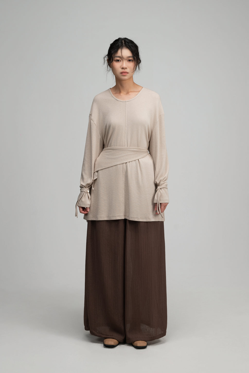 Snow Knit Braided Waist Drape Long Sleeve Top (Oat)