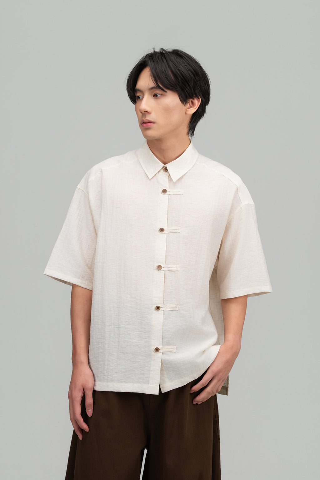 Gender Neutral Modern Mandarin Button Shirt (Beige)