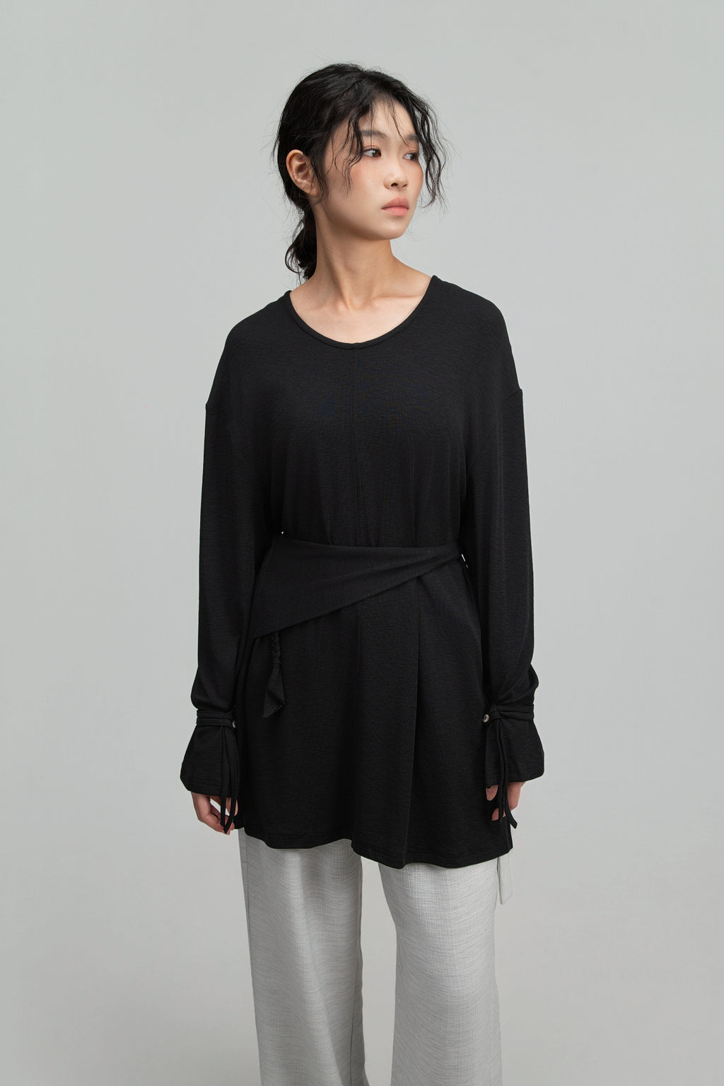 Snow Knit Braided Waist Drape Long Sleeve Top (Black)