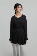 Snow Knit Braided Waist Drape Long Sleeve Top (Black)