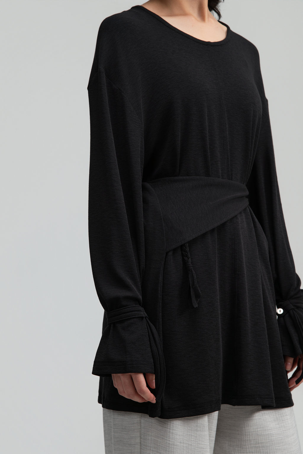 Snow Knit Braided Waist Drape Long Sleeve Top (Black)