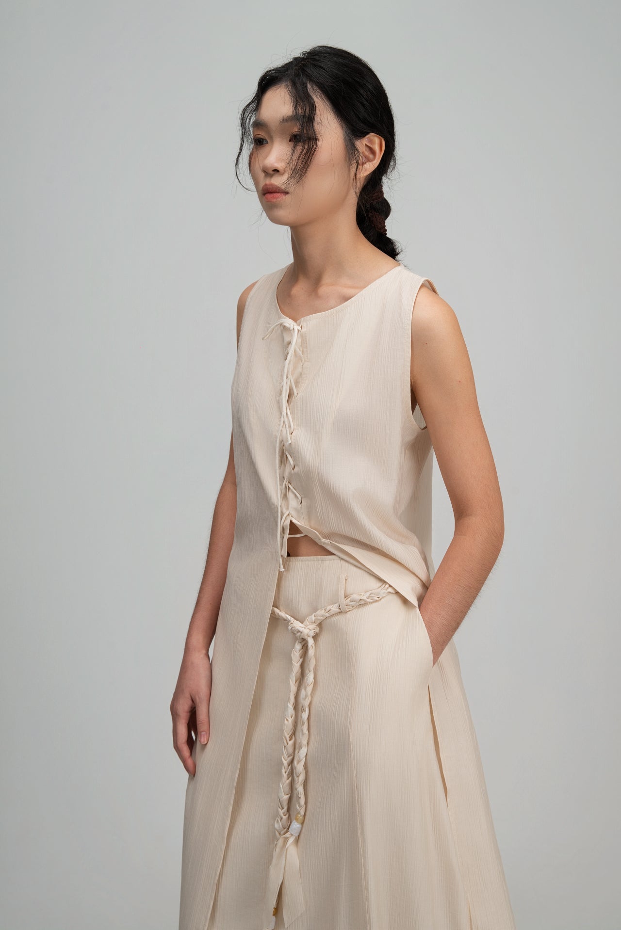 Crisscross Longline Bottom Slit Tank Top (Beige)