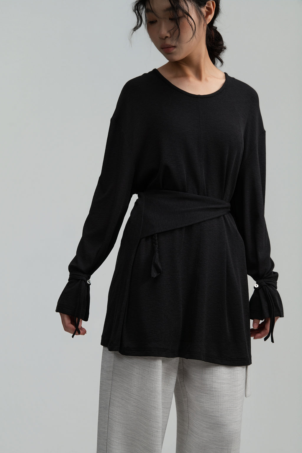Snow Knit Braided Waist Drape Long Sleeve Top (Black)