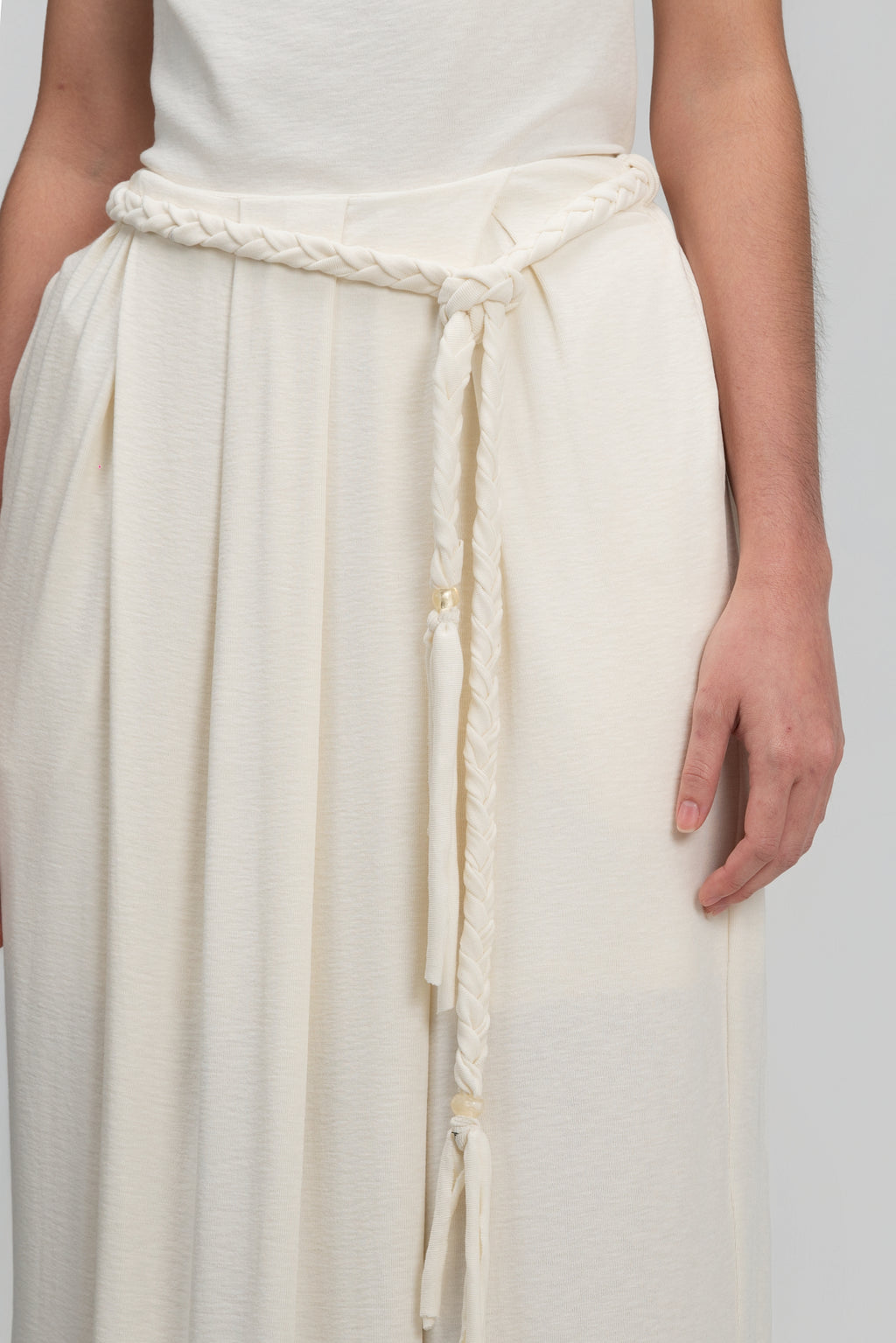 Snow Knit Pleated Cocoon Skirt w/ Braided Belt (White)