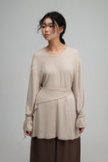 Snow Knit Braided Waist Drape Long Sleeve Top (Oat)