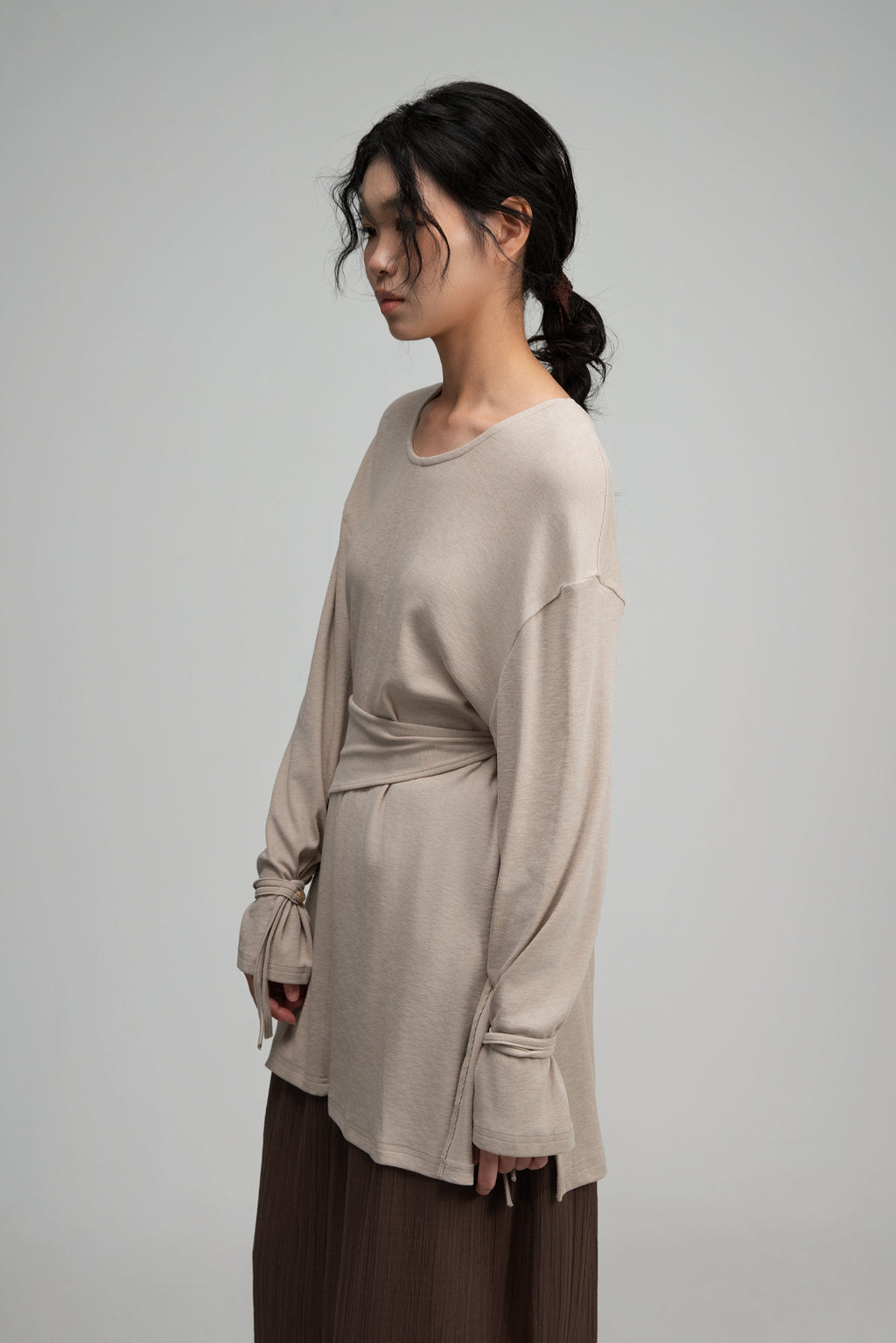 Snow Knit Braided Waist Drape Long Sleeve Top (Oat)
