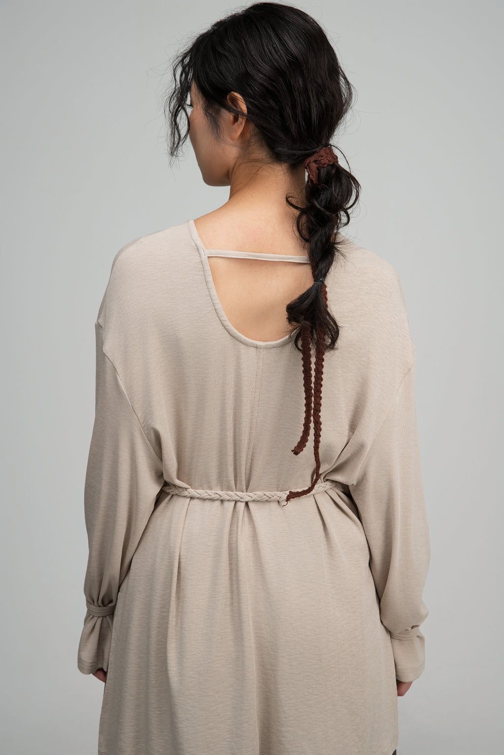 Snow Knit Braided Waist Drape Long Sleeve Top (Oat)