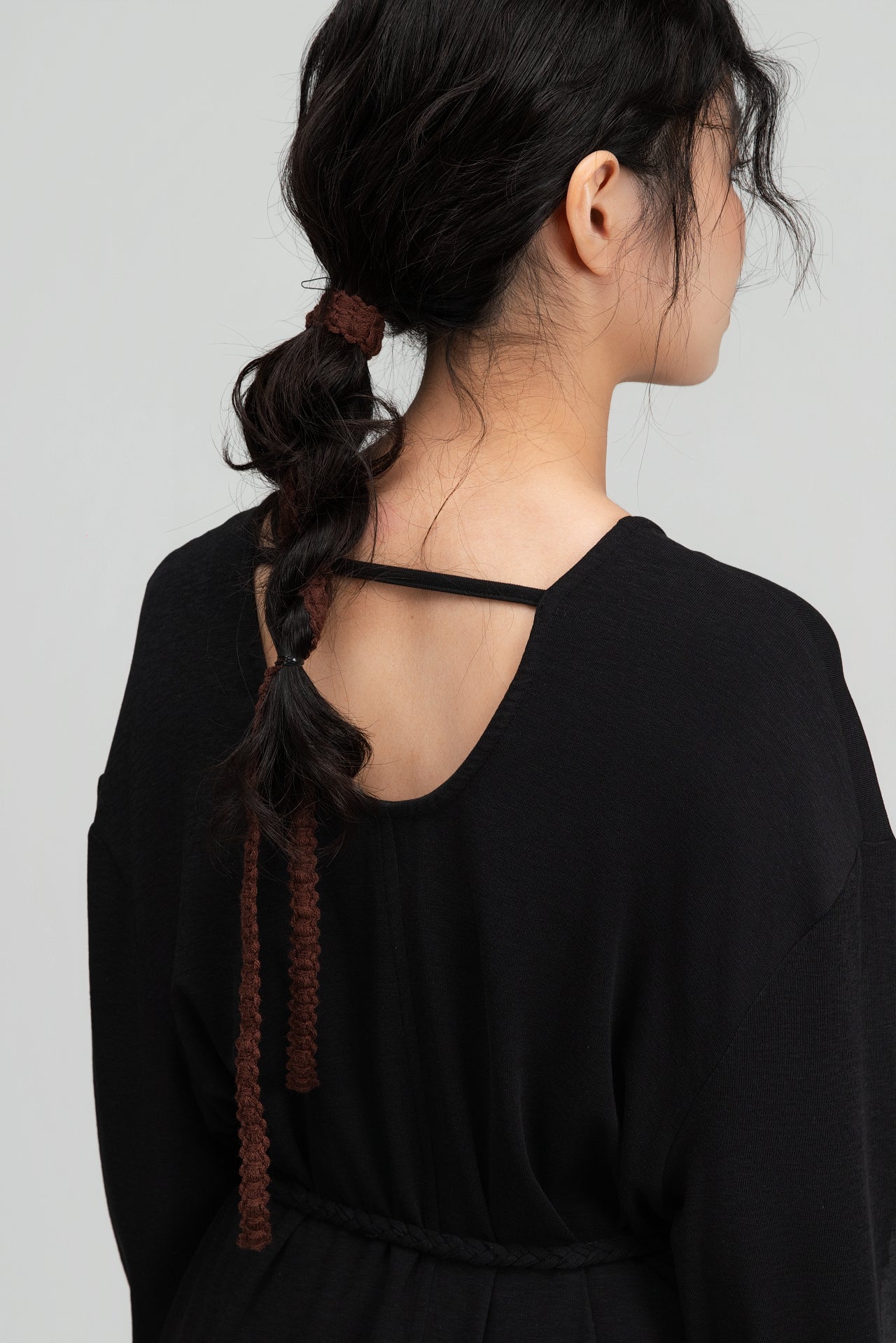 Snow Knit Braided Waist Drape Long Sleeve Top (Black)