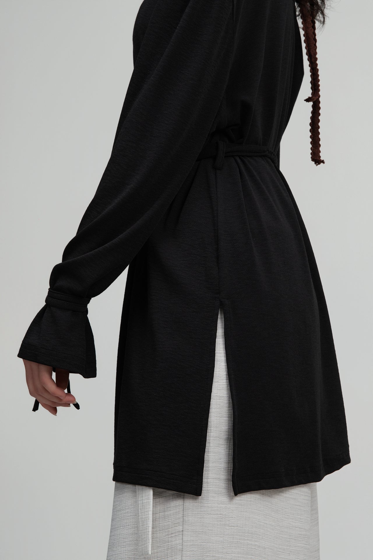 Snow Knit Braided Waist Drape Long Sleeve Top (Black)