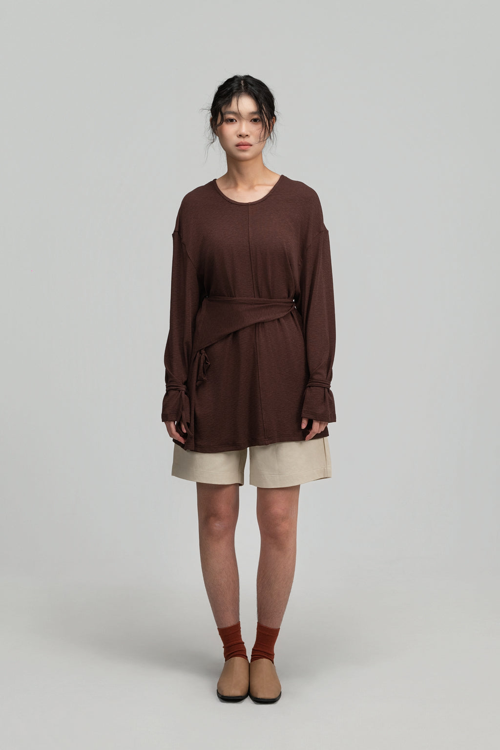 Snow Knit Braided Waist Drape Long Sleeve Top (Brown)